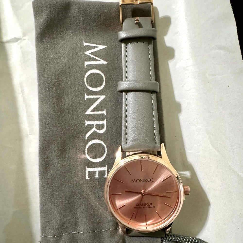 Brand new watch.  Grey leather band and rose gold face.